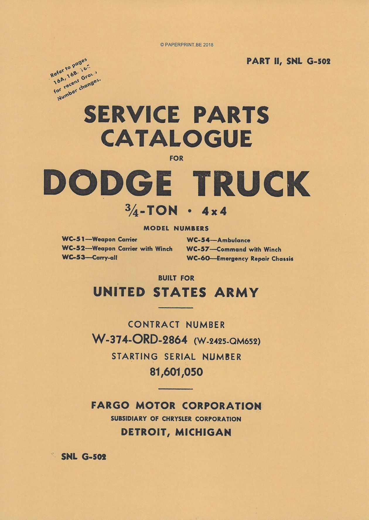SNL G-502 EARLY SERVICE PARTS CATALOGUE FOR ¾ TON 4x4 DODGE WC